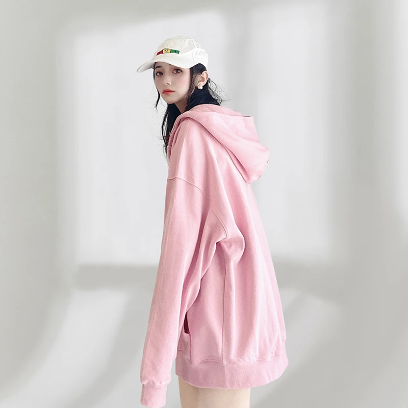 

Loose Oversize Hooded Zipper Sweatirt Cardigan Coat Women's Long Tu Covering European Version Large Size Casual Sle