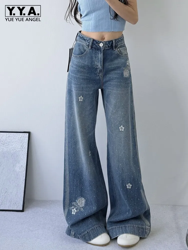 

Spring Women Floral Diamonds Loose Fit Wide Leg Pants High Waist Floor Length Long Jeans Casual Streetwear Fashion Denim Pants
