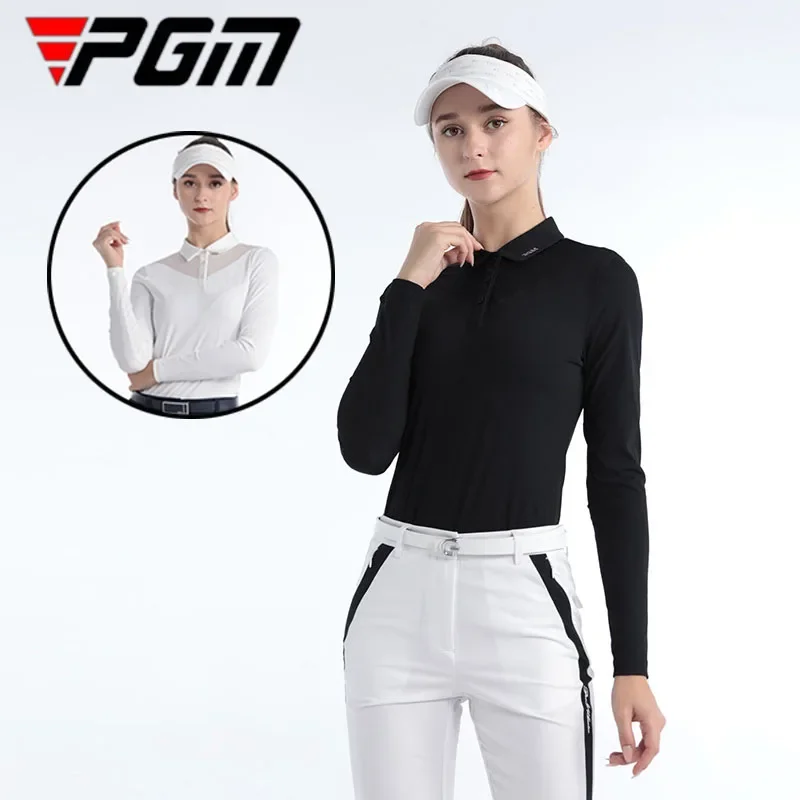 PGM Female Lace Hollow Collar Soft Training T-shirt Women Stretch Long Sleeve Golf Blouse Lapel Outdoor Cycling Golf Tops