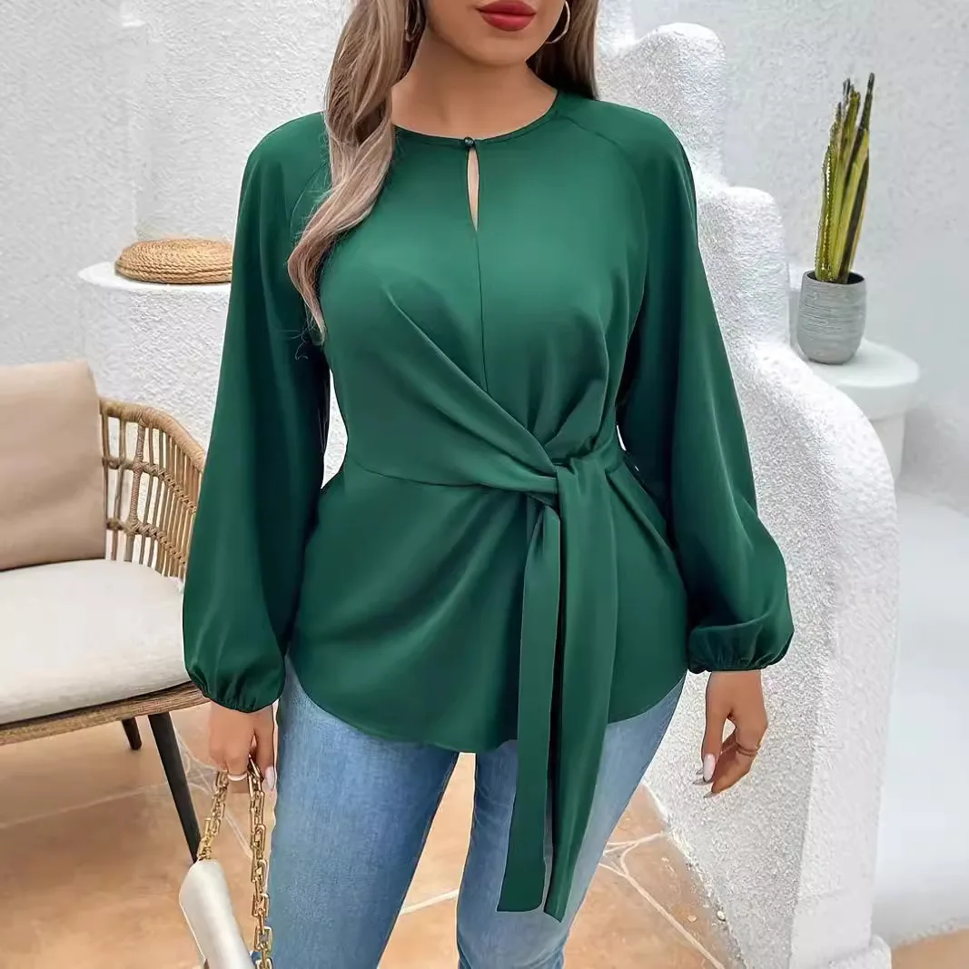 Plus Size Langarmshirt Schwarzgrün für Bürodame Elegantes Design Übergroße Hemden für Damen Herbst Frühling Winter