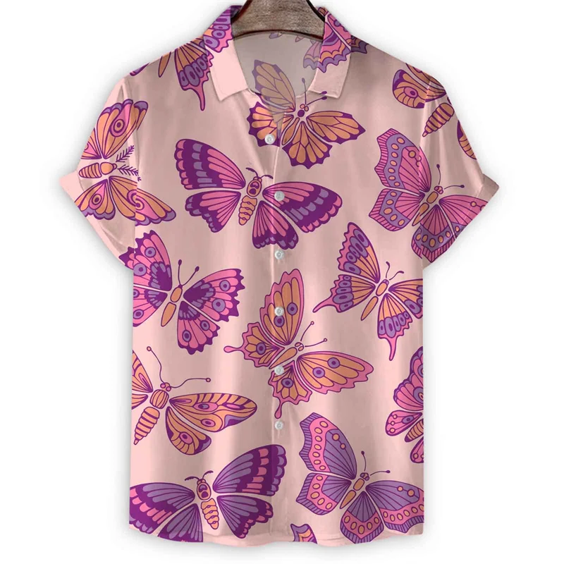 Cartoon 3d Printed Butterfly Hawaiian Shirt Short Sleeves Lapel Blouse Men Tops Casual Summer Vacation Street Loose Shirts