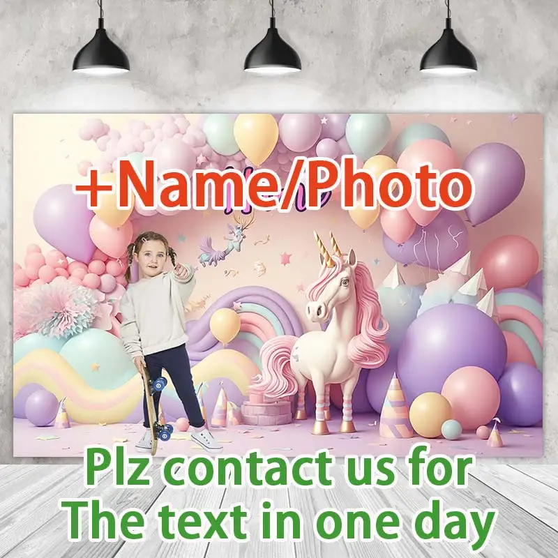 Unicorn Party Backdrops Princess Girl Birthday Photography Cake Smash Rainbow Balloons Background Shoot Customize Name Photo