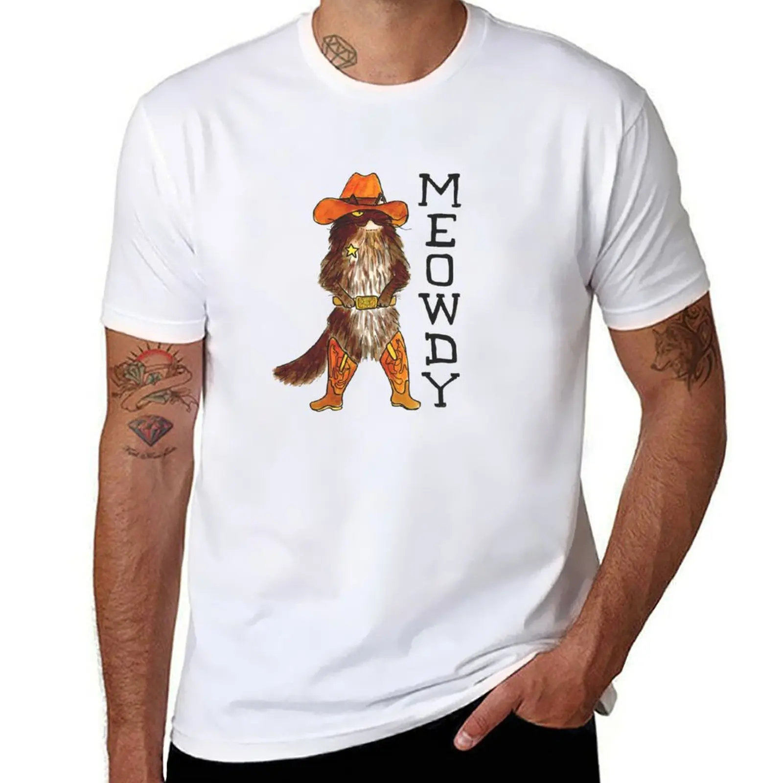 

Meowdy! Puss in boots/ Kitty in a cowboy hat T-Shirt t shirts for man cotton soft t shirts for man pack cotton T-Shirt