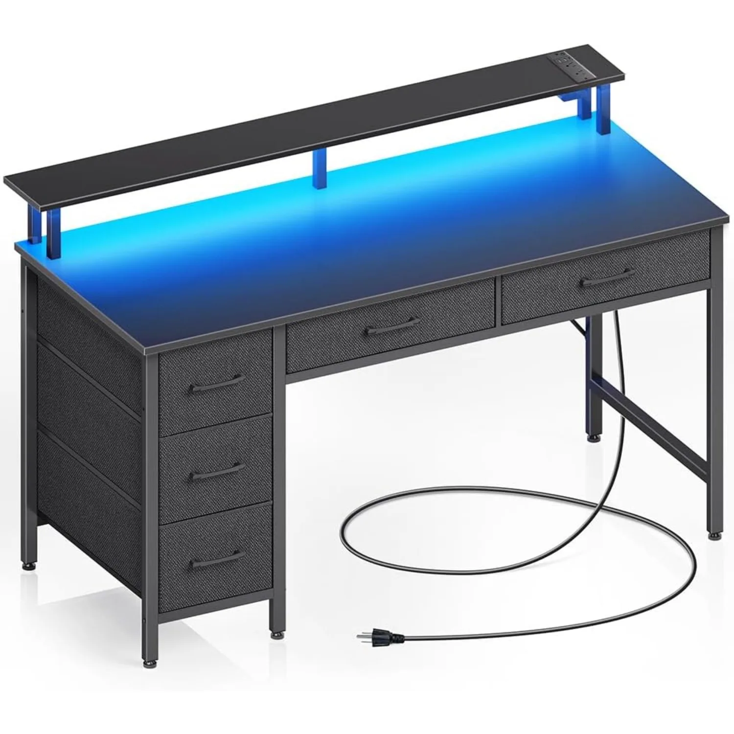 Computer Desk with Power Outlets & LED Light, 39inch Home Office Desk with 5Drawers,Writing Desk with Monitor Stand, Black