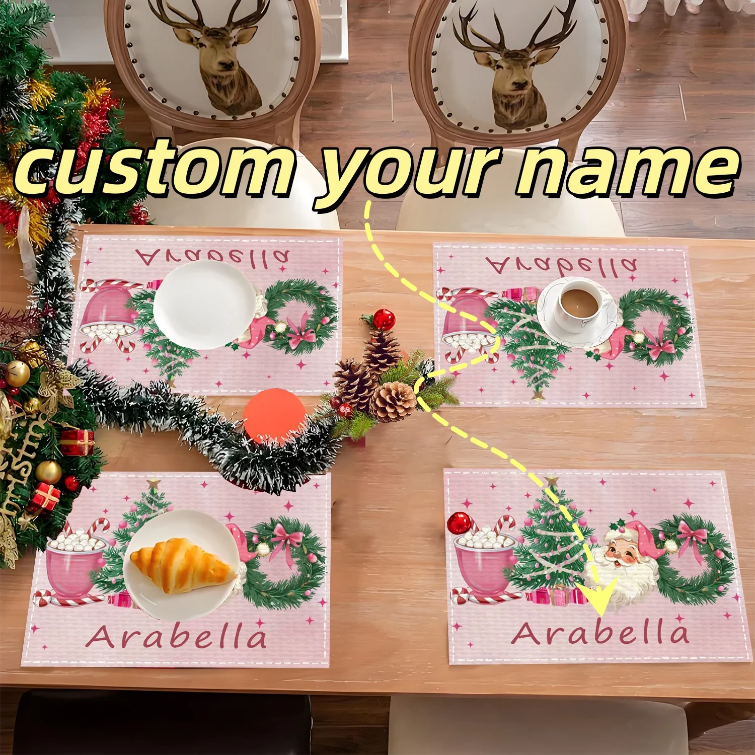 A Single Christmas Placemat Featuring Design with A Christmas Tree and Santa Claus, Personalized with A Name