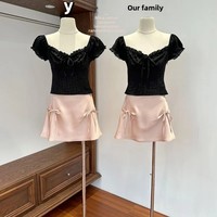 Spicy Girl Summer New Style High Waist Short Skirt Set Black Lace Trim Short Sleeve Women's Dress Two Piece Outfit