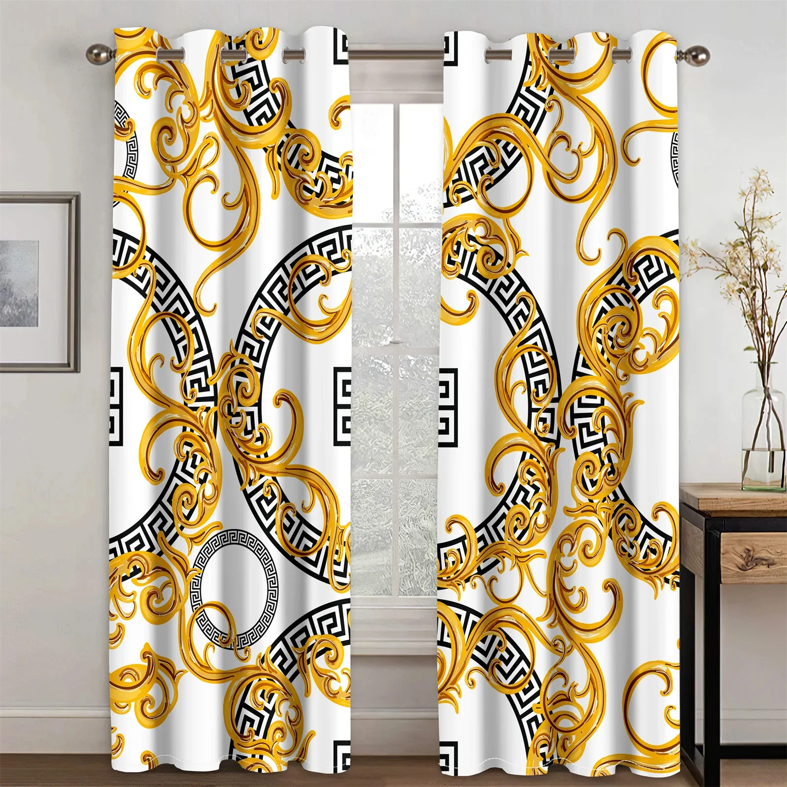 Free Shiping Cheap Modern Luxury Brand Black White Gold AbstractFashion2Pcs Shading Window Curtain For Living Room Bedroom Decor