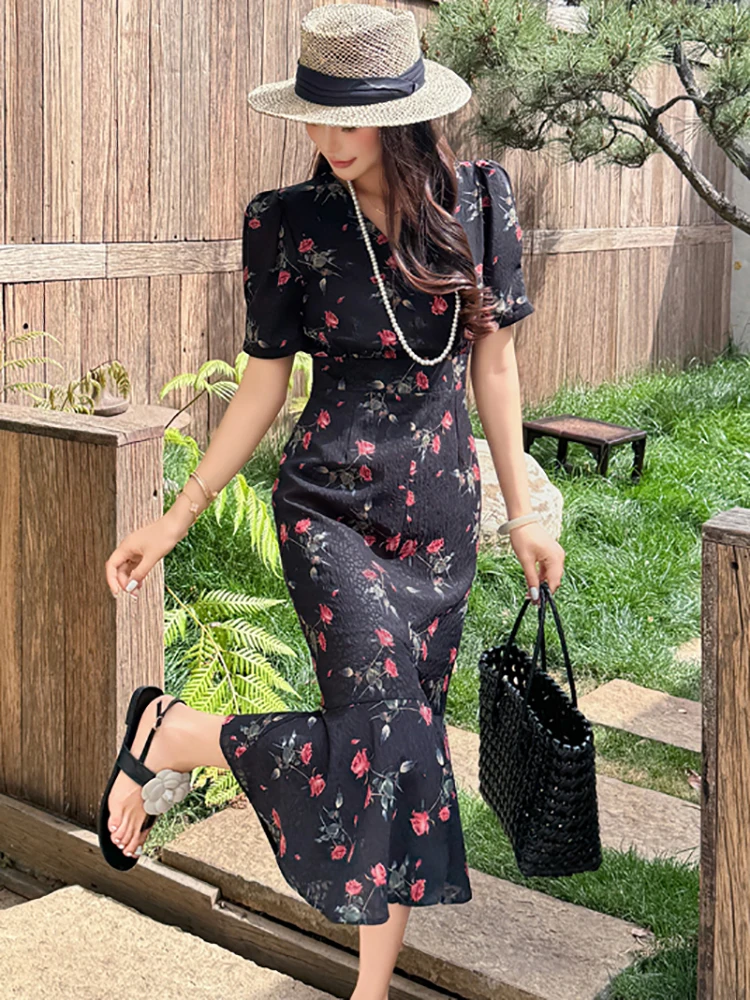Feminino coreano vintage bodycon festival vestido de verão preto floral chique babados sereia vestido 2025 elegante luxo festa noite vestido