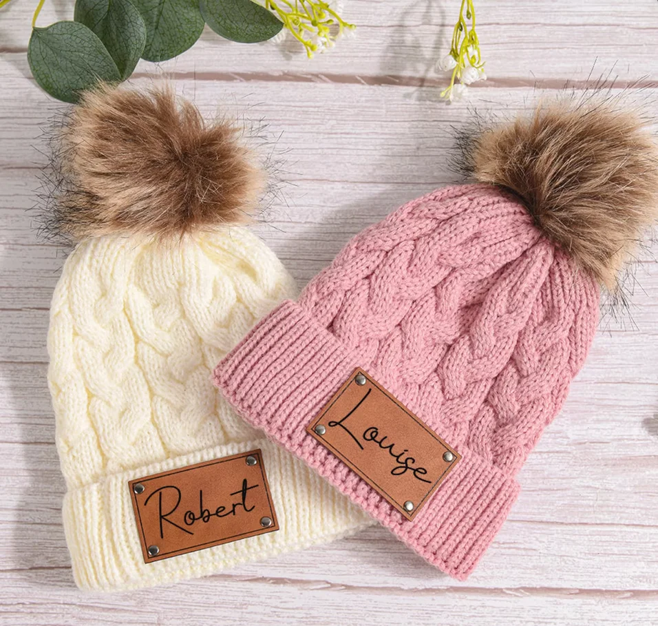 Custom Infant Beanie with Name,Baby Beanies,Kid Knitted Hat,Leather Patch Beanie for Baby Personalized,Toddler Child Baby Beanie