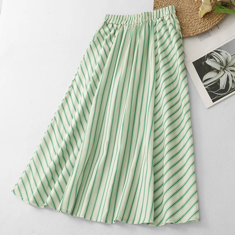  Beach Vacation Striped High Waist Loose Women's Skirt Summer Country Style Elastic Waist Loose Slimming Half-length Skirt
