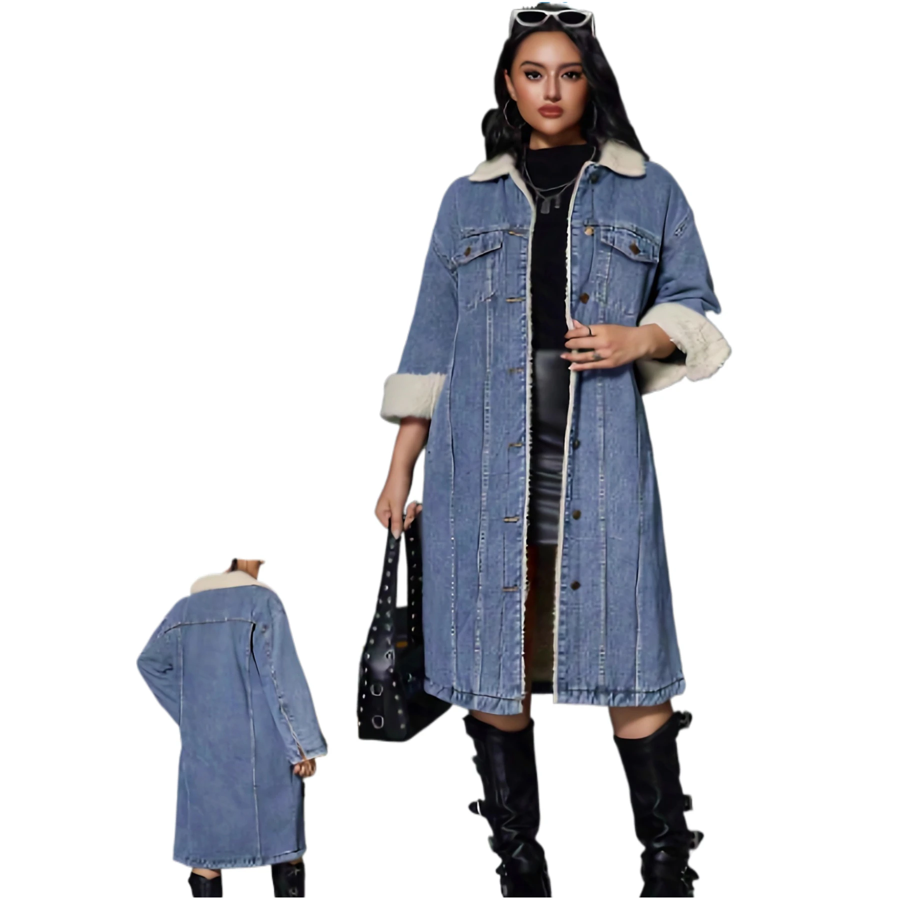 

Women's Winter Lambswool Denim Jacket Mid-Length Korean Style Loose Slimming Thick Warm Cotton Streetwear