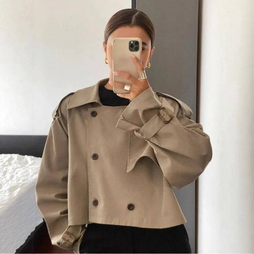 

2025 New Korean Autumn Winter Classic Short Trench Coat for Women Casual Trench Coat with Turn-down Collar Autumn New Arrival