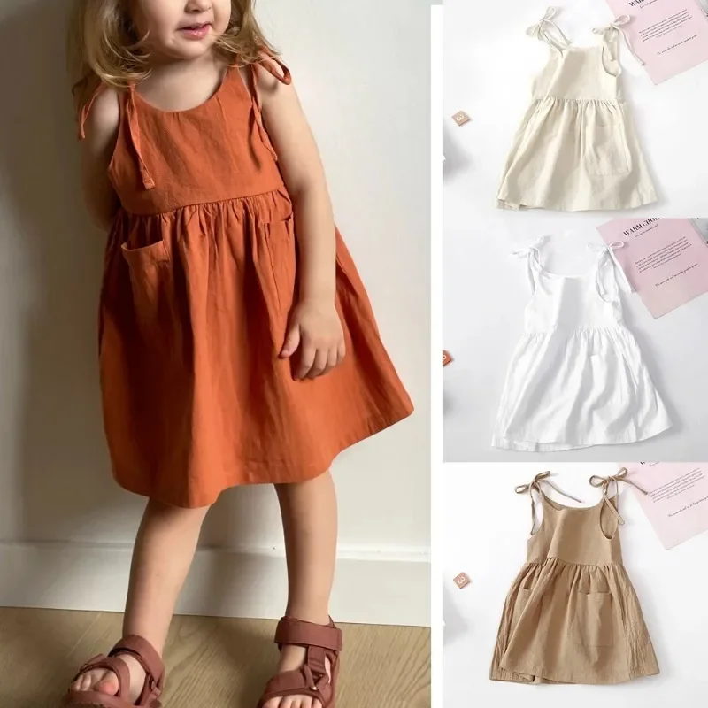 2024 Summer Toddler Girl Dress Solid Cotton Sleeveless Children Dress Kids Sundress Slip Dress Fashion Girls Clothing