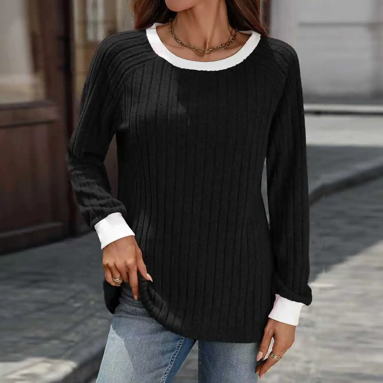 ربيع الخريف اللون منعت جولة الرقبة محبوك أعلى المرأة طويلة الأكمام السترة اليومية عارضة تي شيرت