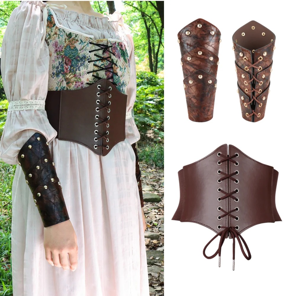 UYEE 3PCS Medieval leather belt Renaissance steampunk wristband Halloween cosplay belt cosplay costume accessories belt props