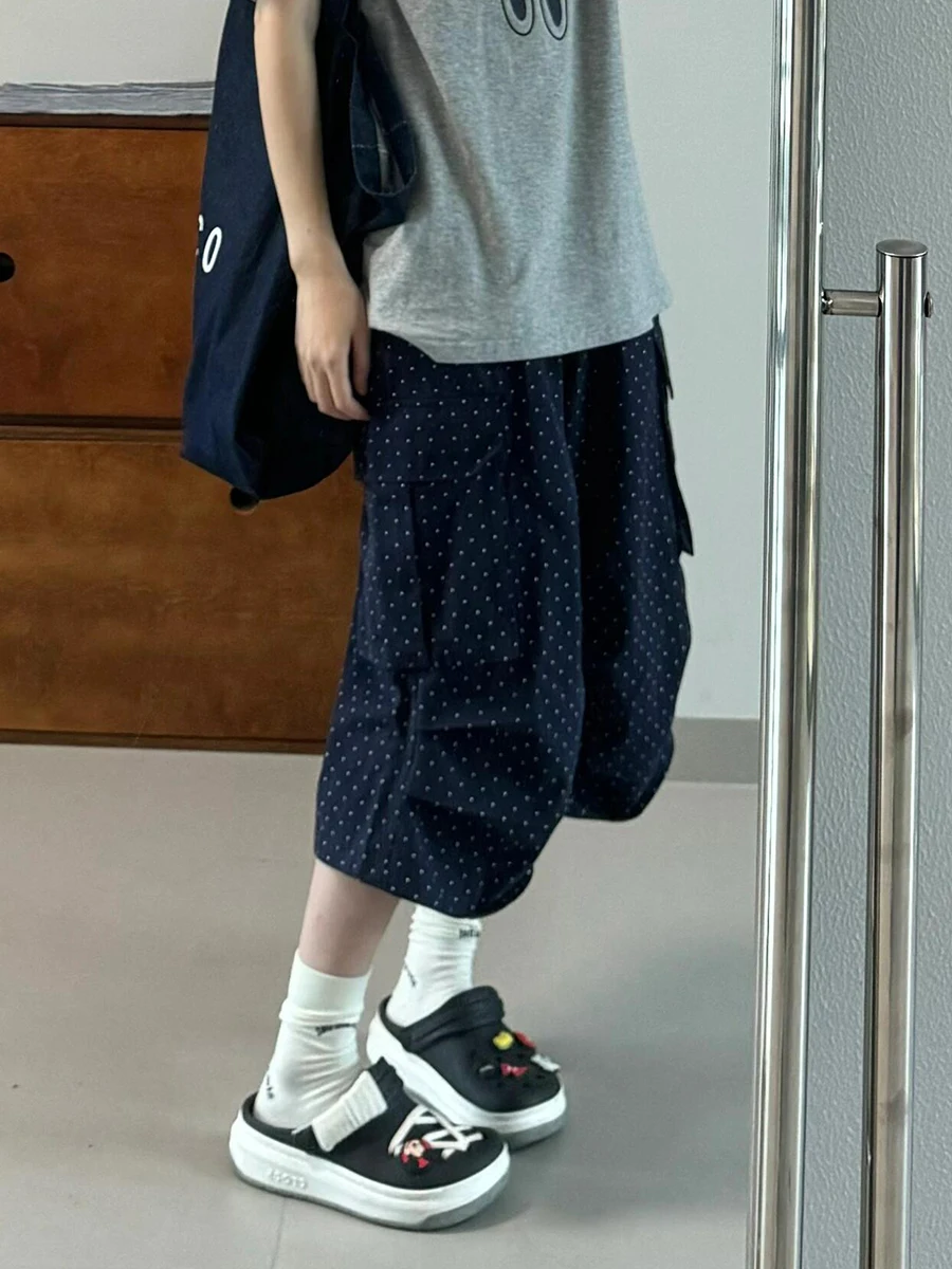 PBAP Women Pleated Polka Dot Cargo Short Pants Retro Blue Multi-pocket Oversized High Rise Wide Baggy Jorts Y2k Summer Clothes