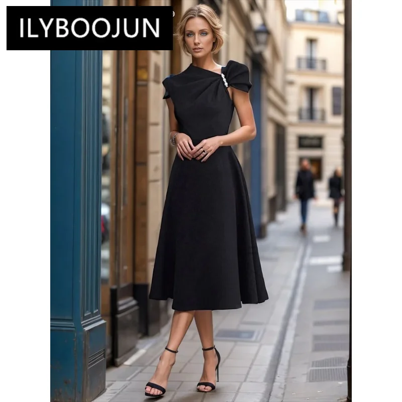 

ILYBOOJUN Solid Formal Spliced Pearls Minimalist Dress For Women Diagonal Collar Sleeveless High Waist Elegant Dresses Female