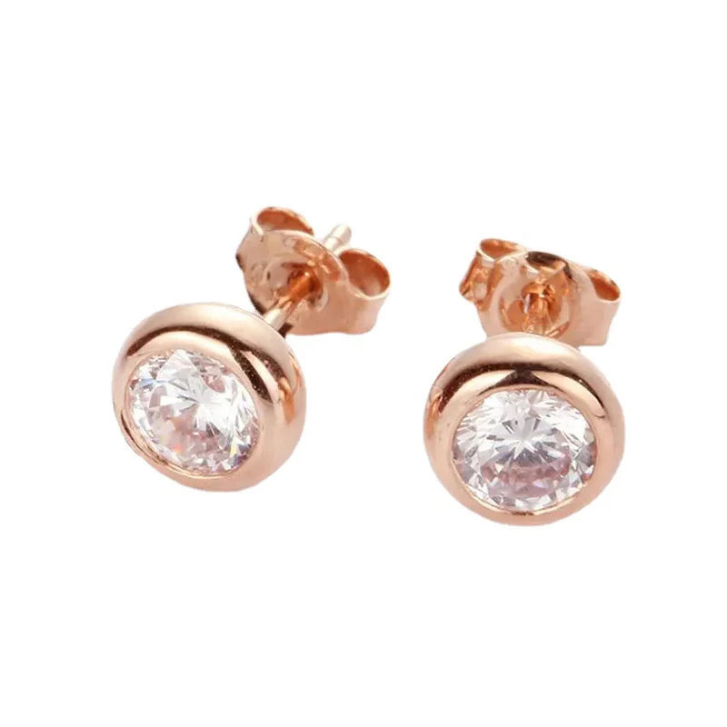 585 Purple Gold Plated 14K Rose Gold Round Diamond Glossy Earings Stud  Elegant Classic Earrings for Women Party Jewelry