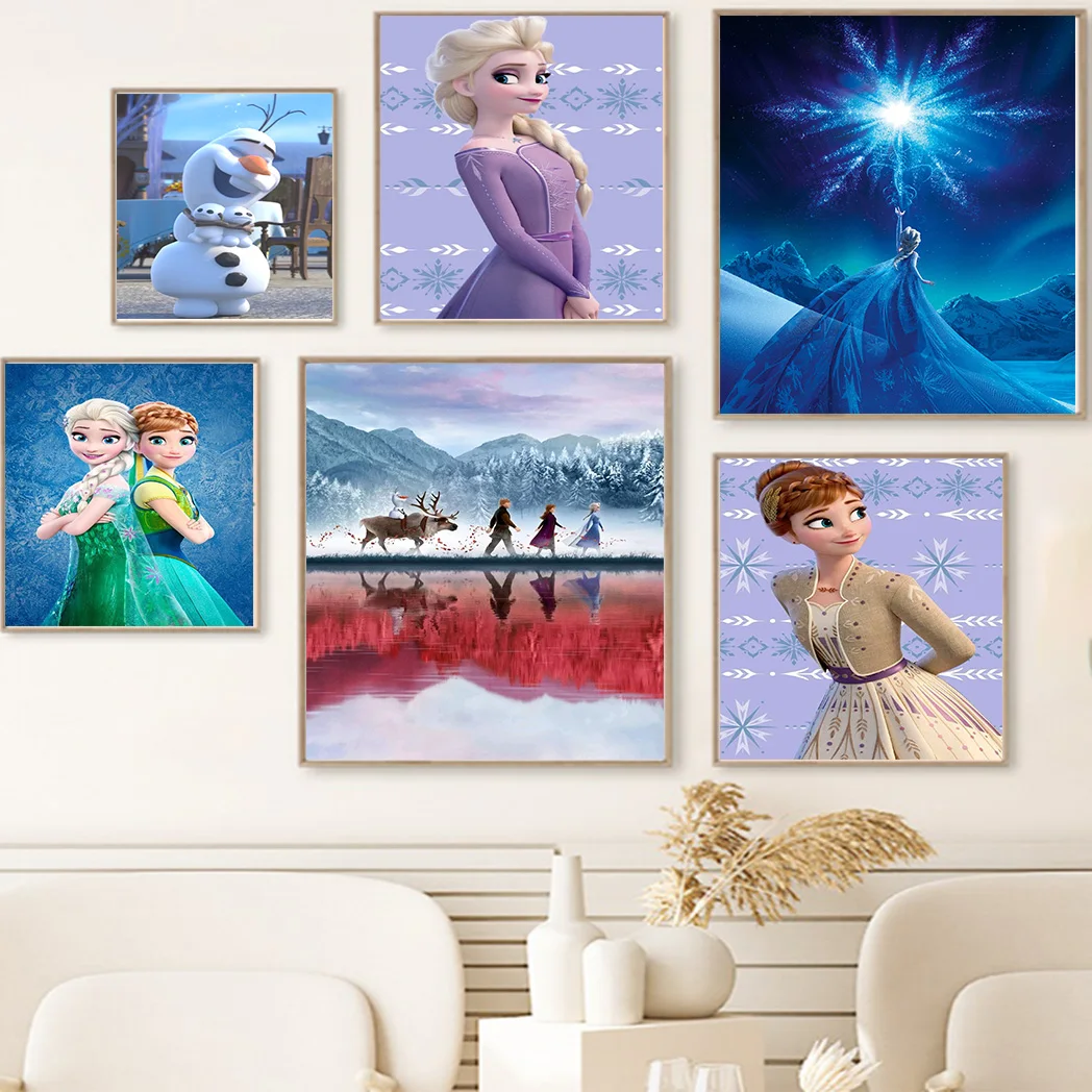 MINISO Disney Frozen Princess Elsa Anna Olaf Canvas Painting Girls Room Wall Art Poster Decor Cartoon Home Decoration Painting