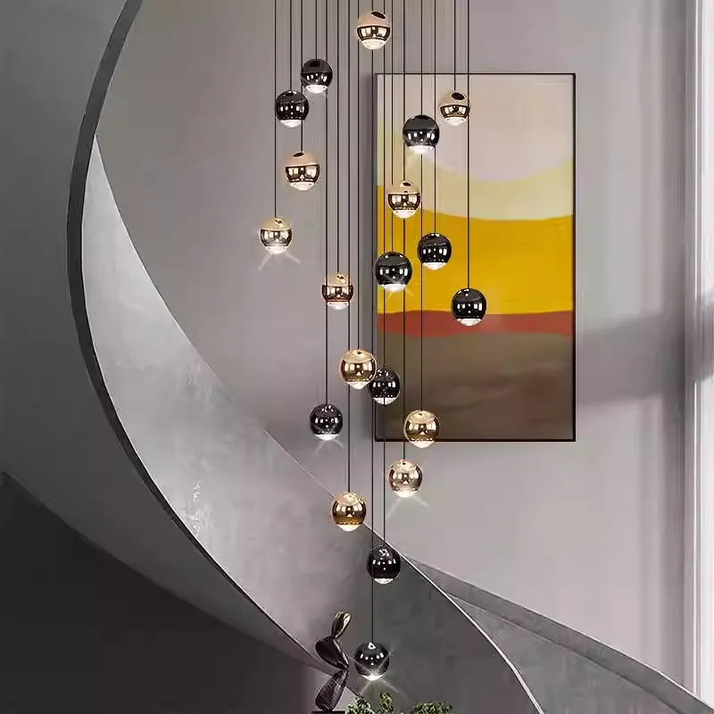 

Modern minimalist staircase chandelier villa spherical living room dining room Nordic light luxury rotating lighting fixtures