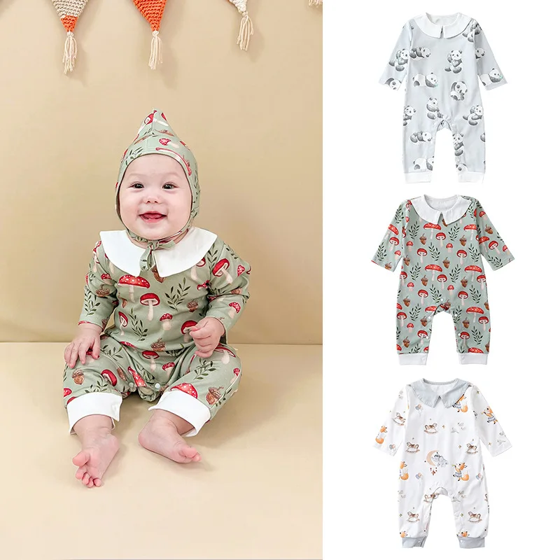 

Newborn Girls Bodysuit Spring Autumn Peter Pan Collar Cartoon Panda Long Sleeve Cotton Infant Girls Jumpsuit Baby Girls Romper