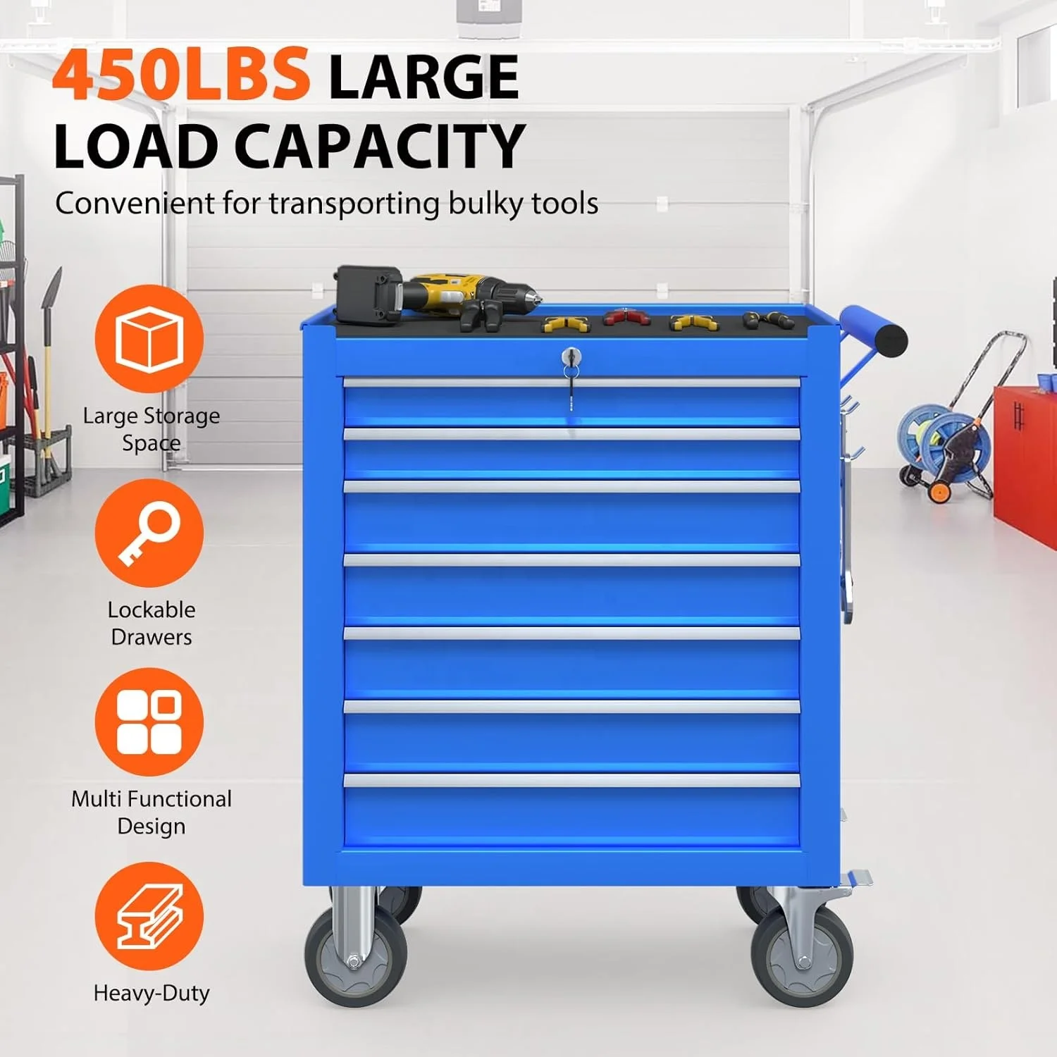 PULAGE 7-Drawer صندوق أدوات الصدر المحمول مع عجلات، خزانة تخزين الأدوات المحمولة للمرآب، ورشة العمل باللون الأزرق