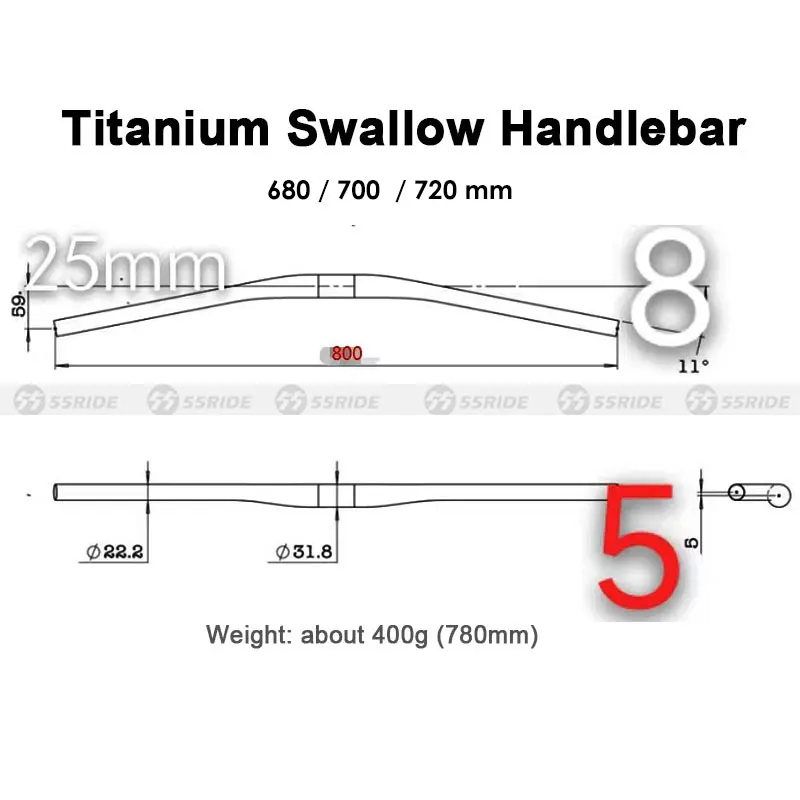 Titanium Alloy Rise Bar for MTB, Swallow-shaped Handlebar, Cycling Parts, 31.8*680-720mm