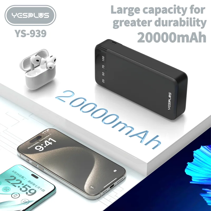 New Power Bank 20000mAh Large Capacity Fast Charging External Battery Comes with 4-Wire Charger LED Display Portable Power Bank