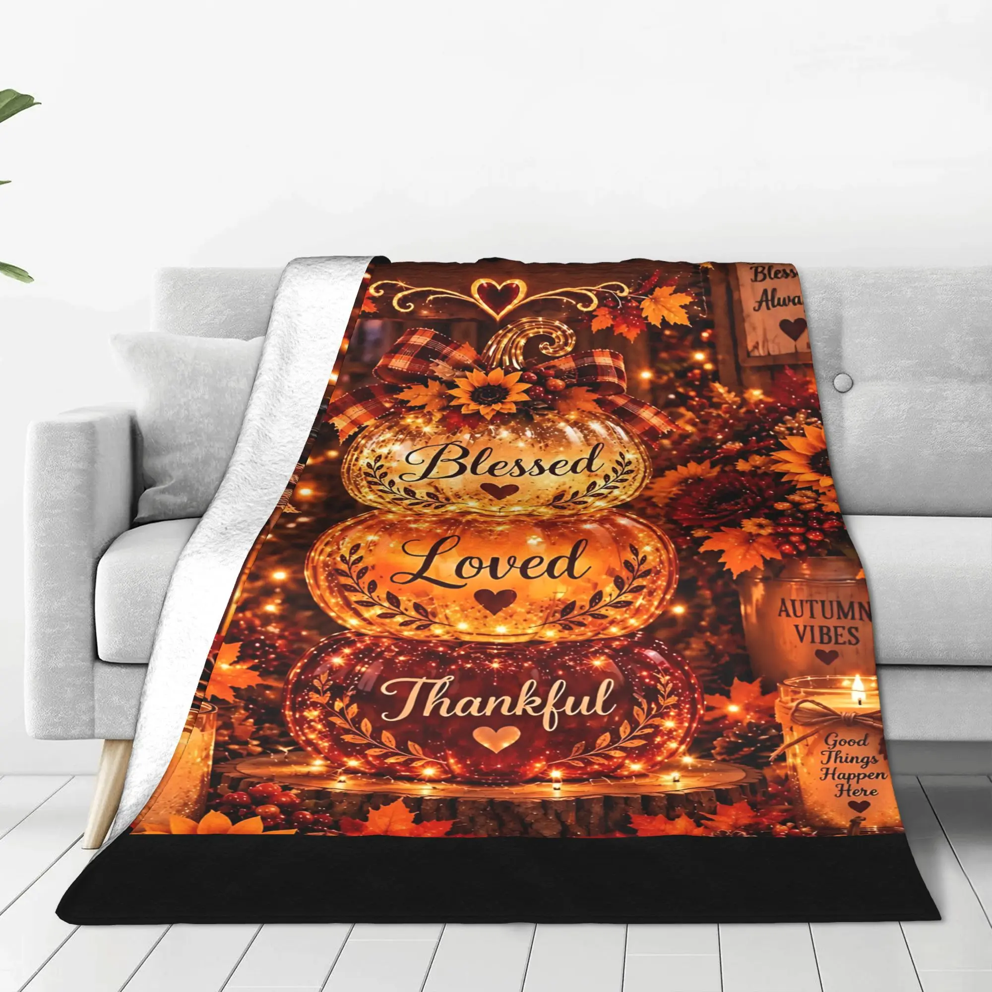 1PC Home Thankful Grateful Blessed Blanket Throw Blanket  Novelty Warm Blanket All Season Gift for Happy Halloween Give Thanks