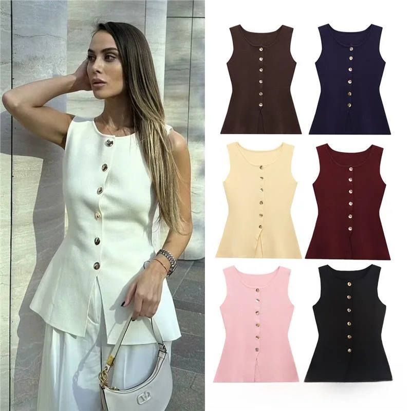 

Gold Button Slim Fit Knitted Vest New Autumn 2025 Faion Women'swear Cross-Border Sle A3 No Brand Pure Color Tee-acetate...