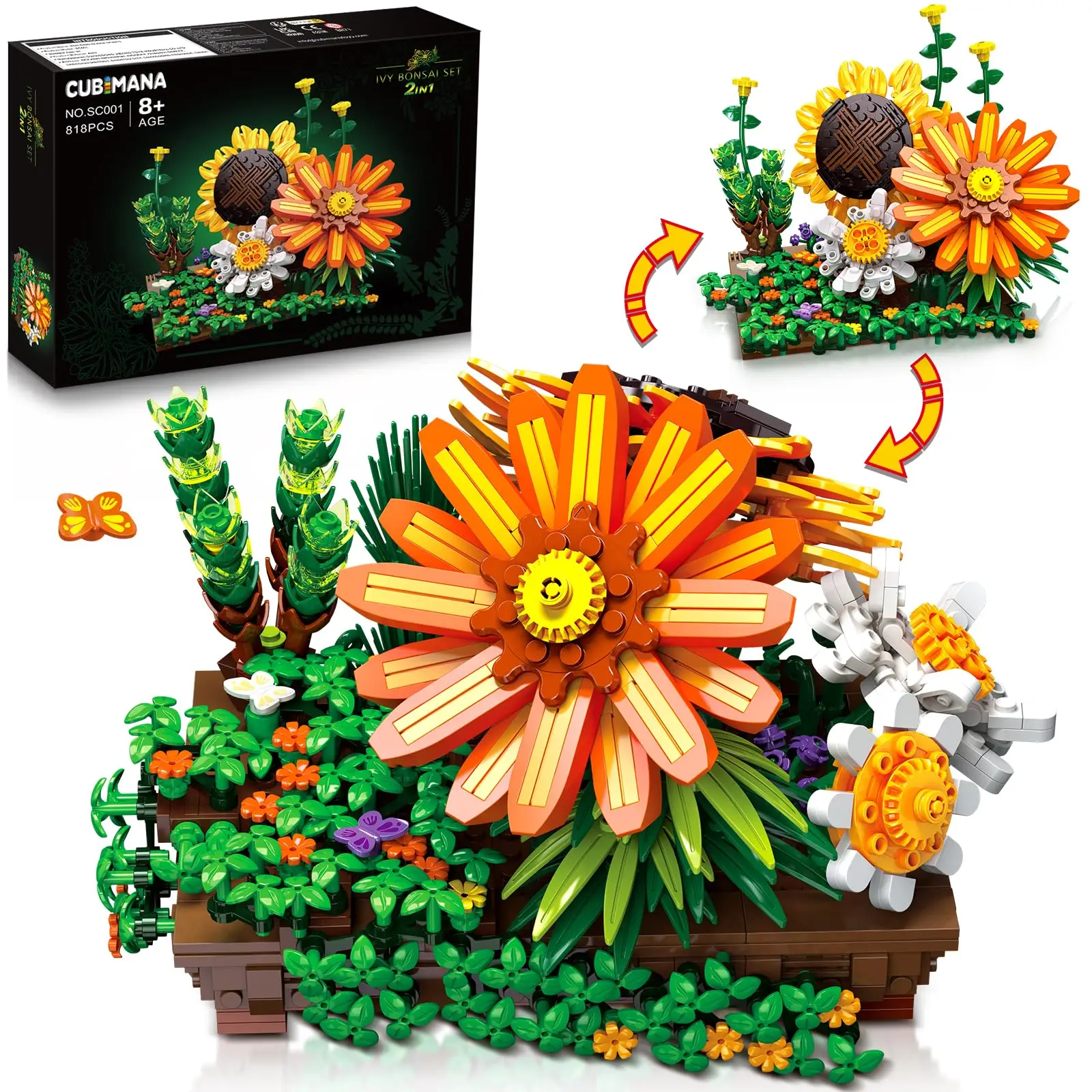 

Flower Botanical Bonsai Building Set-2 IN 1 Sunflower Block Toy Display for Office Décor Valentine's Day Xmas for Adults Kids