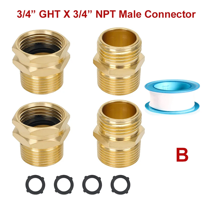 

4Pcs Brass Garden Hose Fittings 3/4" GHT x 3/4" NPT Male Hose Connector 3/4" GHT x 1/2" NPT Male Water Pipe Adapter with Washers