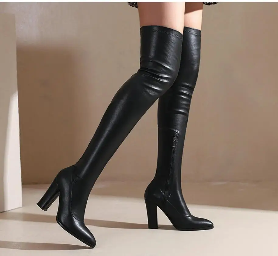 Spring Women Thigh High Boots Women Autumn Winter Elastic Leather Over-the-knee Boots For Women Black Heels Long Shoes Large Siz