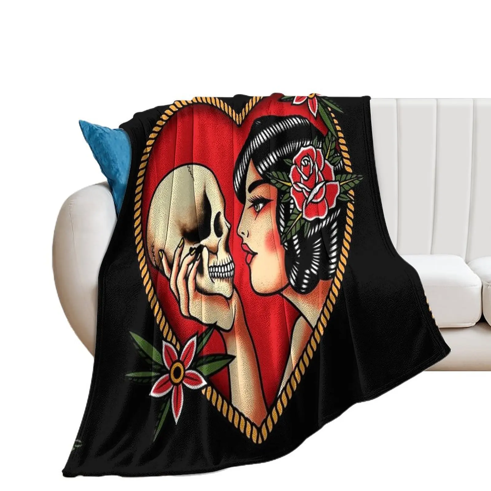 Traditional Beautiful Flapper in Heart Holding Skull Tattoo Throw Blanket for babies Thermals For Travel Luxury Blankets