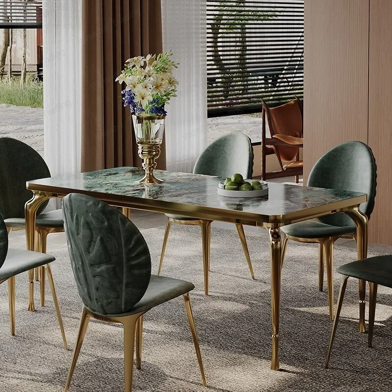 Solid wood dining table rectangular small apartment eating table green rock slab dining table