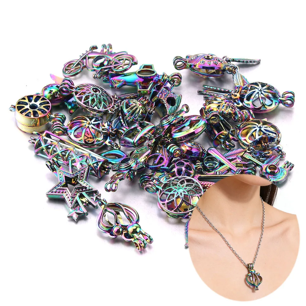 10PCS/Lot DIY Jewelry Mixed Pearl Cage Locket Color Aroma Diffuser Charm Necklace Pendant Perfume Aromatherapy Locket GIft