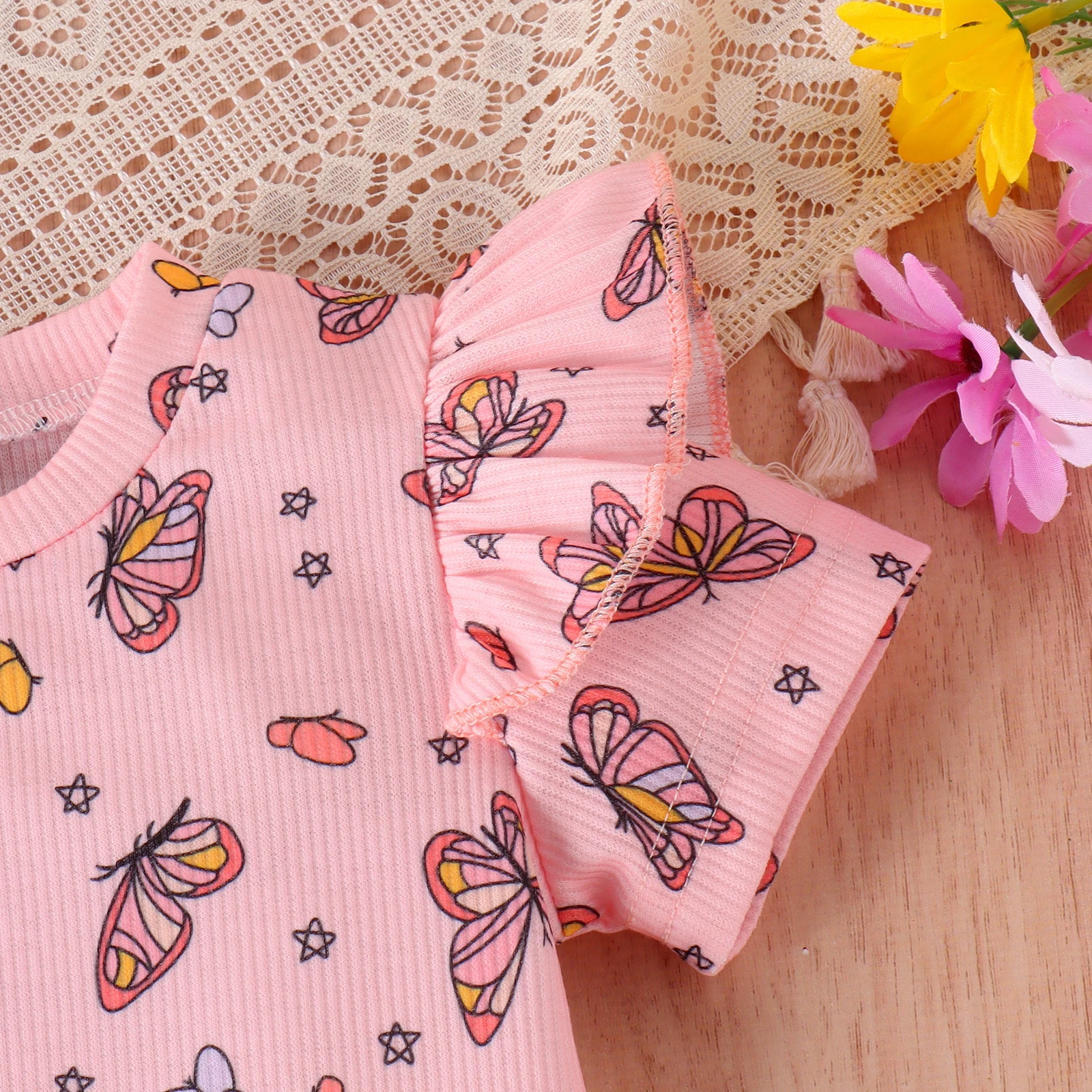 2PCS Summer 0-3 Years Old Trend Fashion Cute Baby Girl Universal Comfortable Soft Butterfly Flower Print T-Shirt + Shorts Set