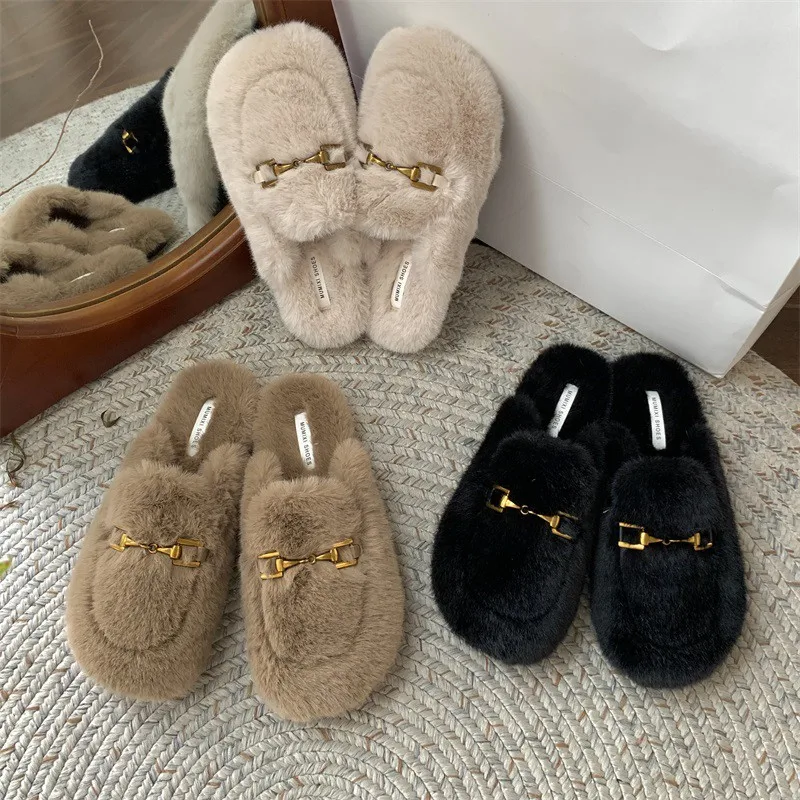 

Designer Vintage Women Warm Fur Flats Slippers Fashion Shallow Belt Buckle Autumn and Winter Ladies Comfort Loafers Shoes