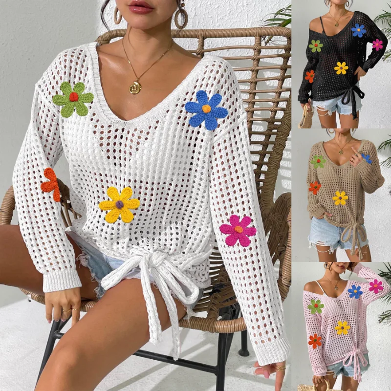 

Женский пуловер с v-образным вырезом, полая блузка с галстуком-бабочкой, шерстяной вязаный свитер с внешним слоем, свободный