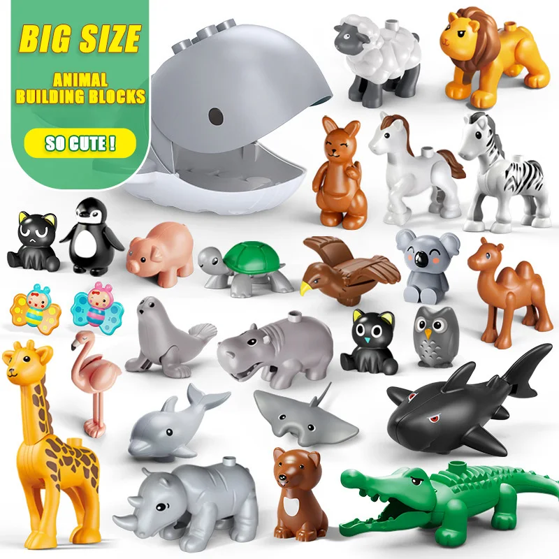 Big Size Building Blocks Dolphin Shark  Farm Marine Zoo Animals  Penguin Kangaroo Lion Giraffe Bulk Brick Toy Compatible Duploes