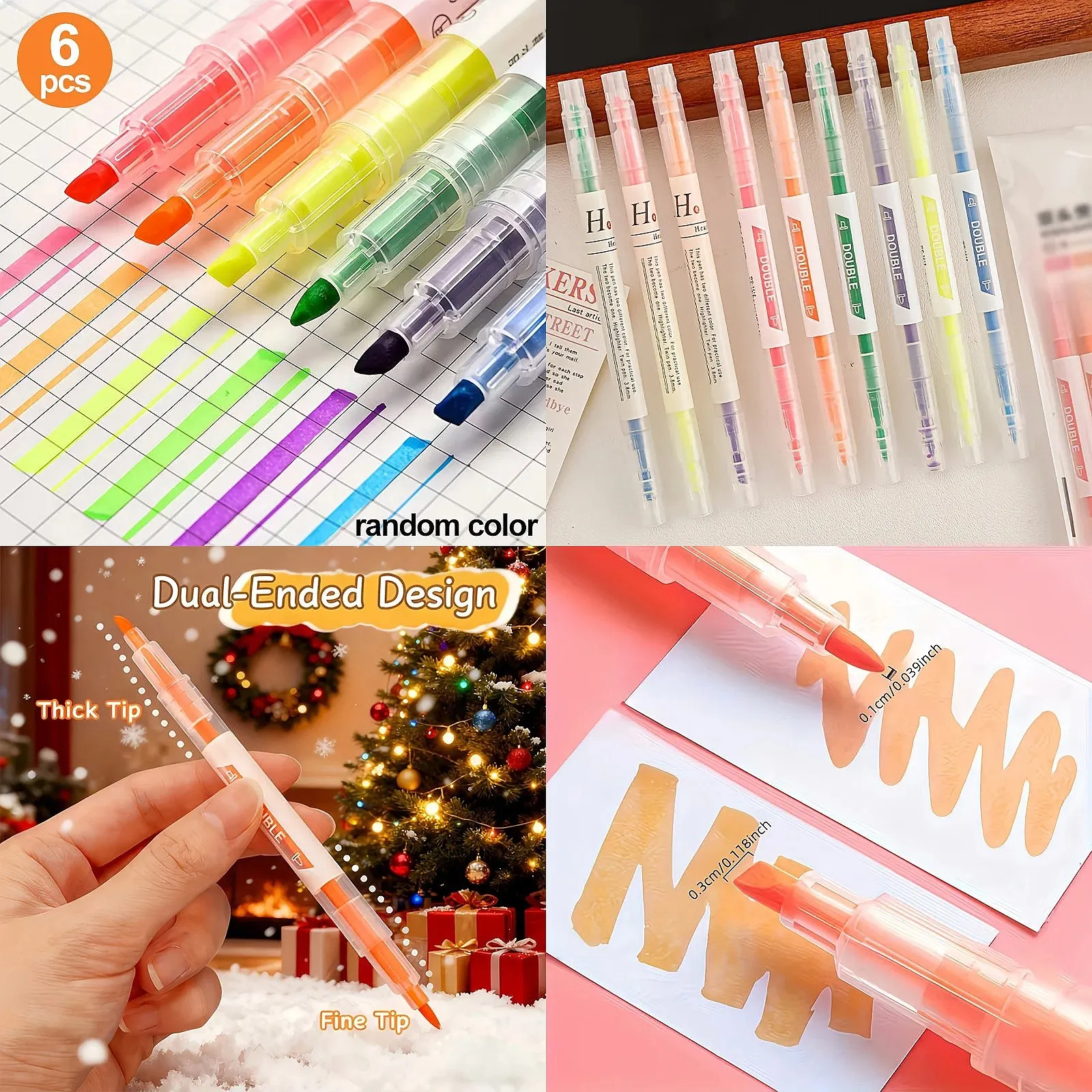 6 Double-Ended Highlighters Assorted Colors & Thicknesses for Note Taking Office Study Stationery Gift