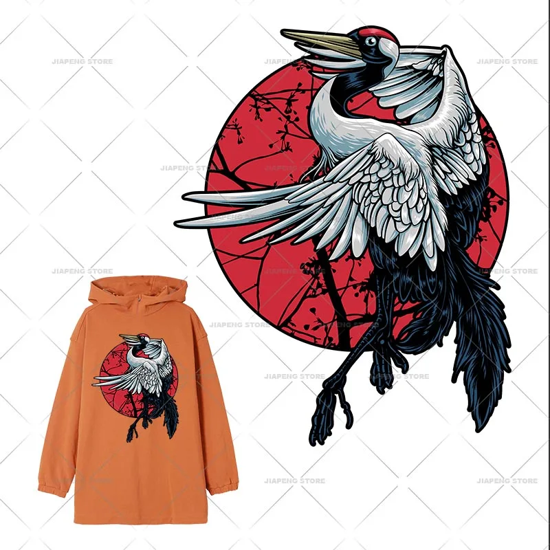 Red-Crowned Crane Heat Transfer Vinyl Sticker Iron On Transfers For Clothes Man jacket Hoodie Japanese Style Patches Gift DIY