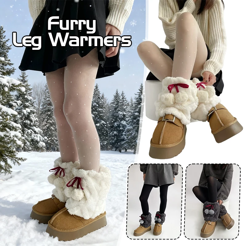 

2026 женские зимние теплые манжеты для ботинок, черно-белые гетры с лентой и бантом, пушистые плюшевые длинные носки, утепленные манжеты для ботинок