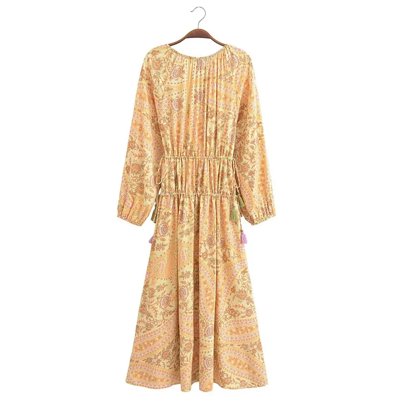 KEYANKETIAN 2024 New Launch Bohemian Matching Position Print  Women's Viscose Dresses Fringe Lace Decoration Loose Ankle Dress