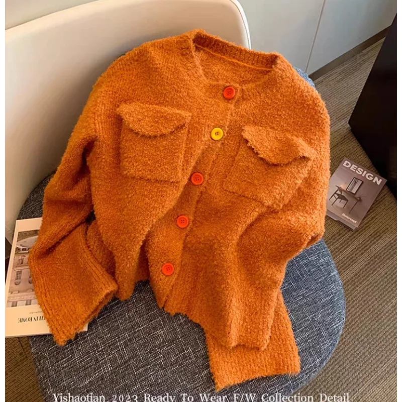 Women\'s Clothing Orange Knitting Sweater Long Sleeves Cashmere Round Neck Solid Vintage Cardigan 2024 Fashion Spring Tops