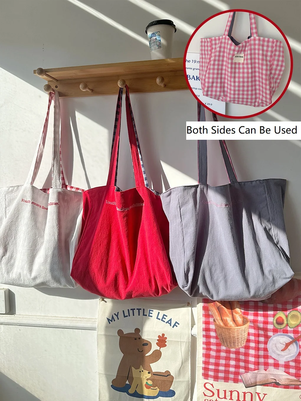 

Canvas Tote Bag For Women Double-Sided Checkered Color-Blocking Large Shoulder Bag For Work Travel Casual Message Bag