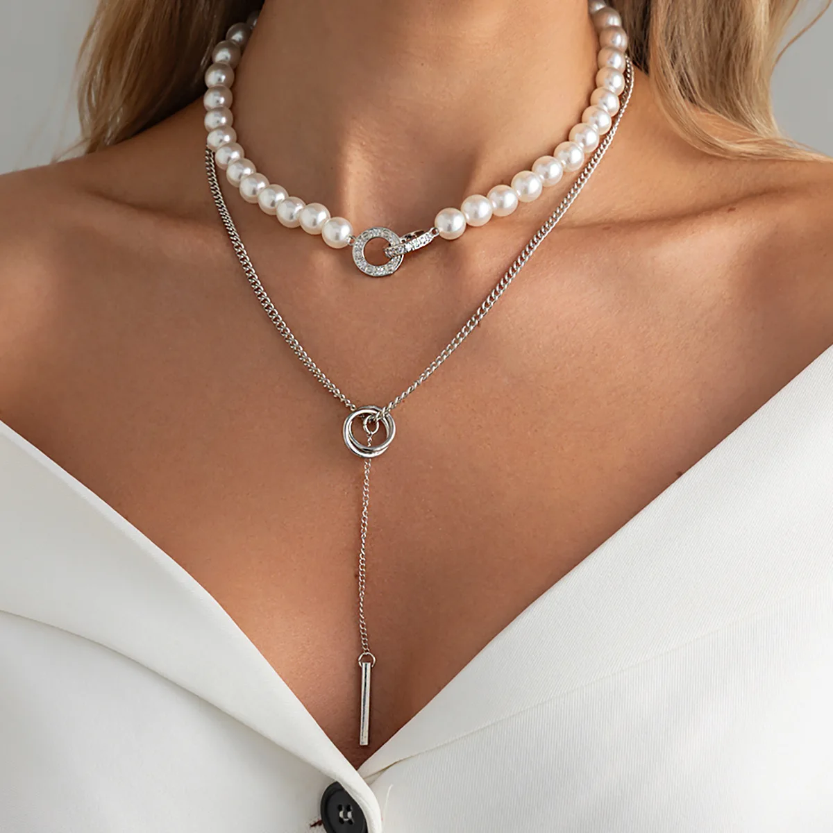Necklace Y Shape Double Layer Tassel Faux Pearl Retro Double Ring Rhinestone Gold Alloy Lightweight Elegant Women Daily