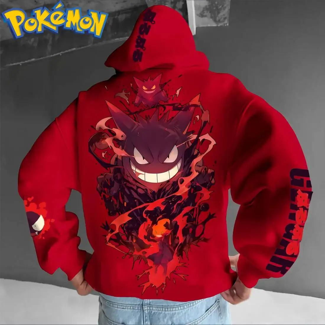 Pokemon anime gengar algodão hoodie harajuku calças conjunto vermelho roxo fantasma padrão duas peças roupa casual streetwear