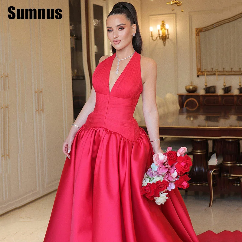 

Sumnus Simple A-Line Evening Dresses Halter V-Neck Pleats Floor Length Formal Occasion Gowns فساتين سهرة Customized