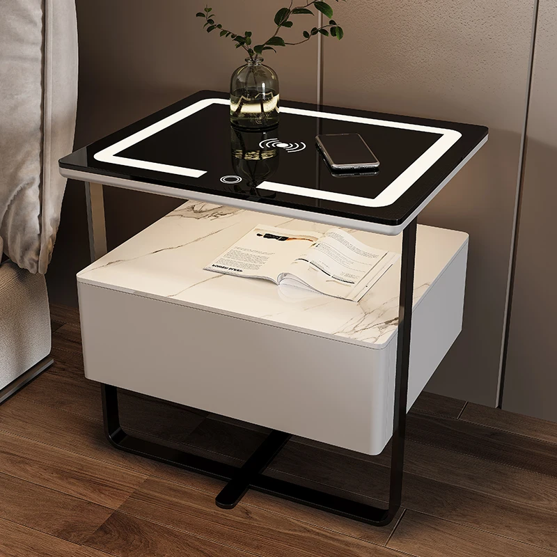 

Smart Wooden Bedside Table Modern Style Bedroom Nightstands with Wireless Charging Bluetooth Speaker Home Storage Side Cabinet